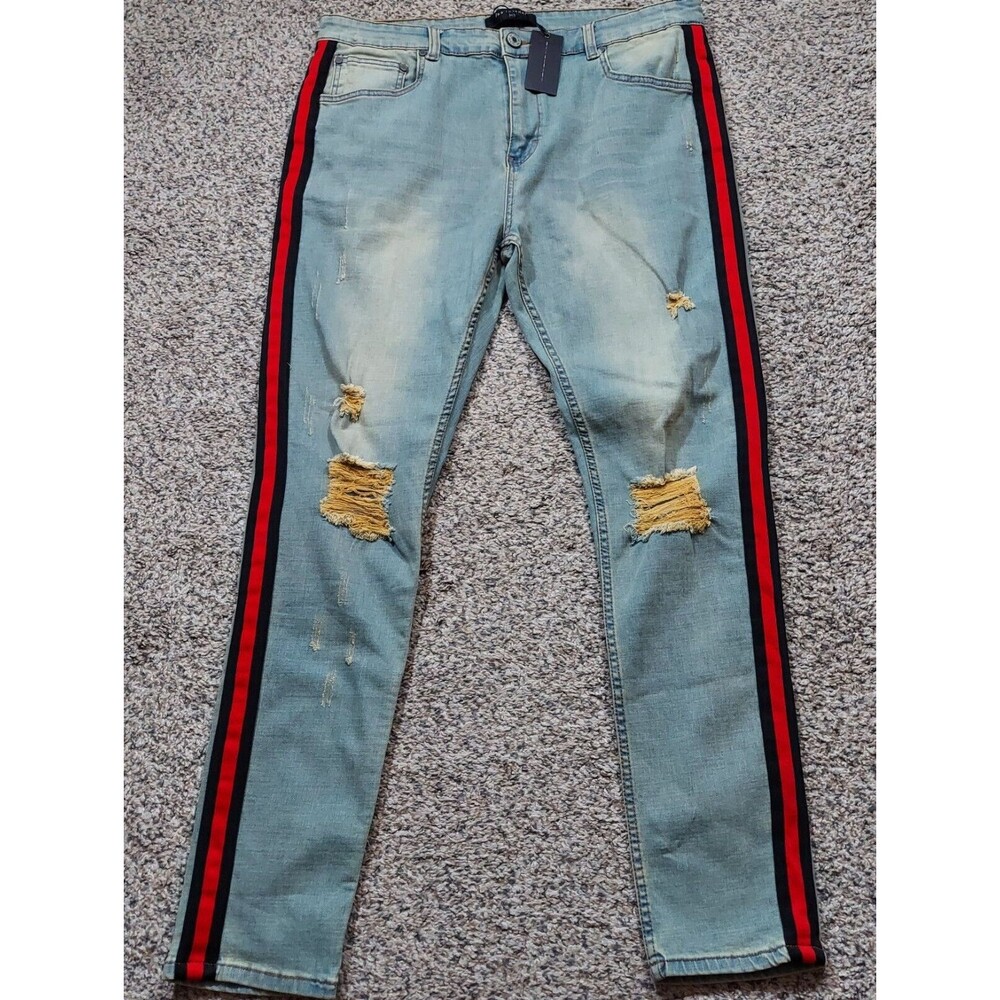 Serenede Men’s 40x32 Light Wash Distressed Slim Straight Leg Jeans Red Stripe